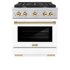 ZLINE Autograph Edition 30 in. 4.2 cu. ft. 4 Burner Paramount Gas Range with Convection Gas Oven in Satin Stainless Steel with White Matte Door and Polished Gold Accents - SGRSZ-WM-30-G - The Home Selection