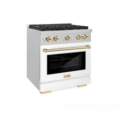 ZLINE Autograph Edition 30 in. 4.2 cu. ft. 4 Burner Paramount Gas Range with Convection Gas Oven in Satin Stainless Steel with White Matte Door and Polished Gold Accents - SGRSZ-WM-30-G - The Home Selection