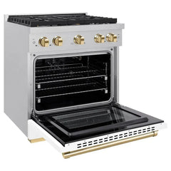 ZLINE Autograph Edition 30 in. 4.2 cu. ft. 4 Burner Paramount Gas Range with Convection Gas Oven in Satin Stainless Steel with White Matte Door and Polished Gold Accents - SGRSZ-WM-30-G - The Home Selection