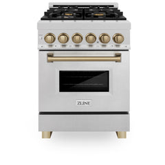 ZLINE Autograph Edition 24 in. 2.8 cu. ft. Legacy Dual Fuel Range with 4 Burner Gas Cooktop and Electric Convection Oven in Satin Stainless Steel and Champagne Bronze Accents - RASZ-SN-24-CB - The Home Selection