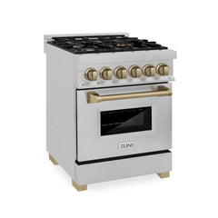 ZLINE Autograph Edition 24 in. 2.8 cu. ft. Legacy Dual Fuel Range with 4 Burner Gas Cooktop and Electric Convection Oven in Satin Stainless Steel and Champagne Bronze Accents - RASZ-SN-24-CB - The Home Selection