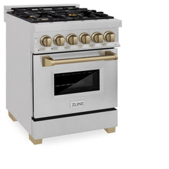 ZLINE Autograph Edition 24 in. 2.8 cu. ft. Legacy Dual Fuel Range with 4 Burner Gas Cooktop and Electric Convection Oven in Satin Stainless Steel and Champagne Bronze Accents - RASZ-SN-24-CB - The Home Selection