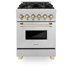 ZLINE Autograph Edition 24 in. 2.8 cu. ft. Legacy Dual Fuel Range with 4 Burner Gas Cooktop and Electric Convection Oven in Satin Stainless Steel and Polished Gold Accents - RASZ-SN-24-G - The Home Selection