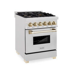 ZLINE Autograph Edition 24 in. 2.8 cu. ft. Legacy Dual Fuel Range with 4 Burner Gas Cooktop and Electric Convection Oven in Satin Stainless Steel and Polished Gold Accents - RASZ-SN-24-G - The Home Selection