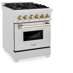 ZLINE Autograph Edition 24 in. 2.8 cu. ft. Legacy Dual Fuel Range with 4 Burner Gas Cooktop and Electric Convection Oven in Satin Stainless Steel and Polished Gold Accents - RASZ-SN-24-G - The Home Selection