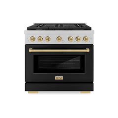 ZLINE Autograph Edition 36 in. 5.2 cu. ft. Paramount Dual Fuel Range with 6 Burner Gas Cooktop and Electric Convection Oven in Satin Stainless Steel with Black Matte Door and Champagne Bronze Accents
