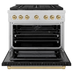 ZLINE Autograph Edition 36 in. 5.2 cu. ft. Paramount Dual Fuel Range with 6 Burner Gas Cooktop and Electric Convection Oven in Satin Stainless Steel with Black Matte Door and Champagne Bronze Accents