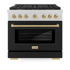 ZLINE Autograph Edition 36 in. 5.2 cu. ft. Paramount Dual Fuel Range with 6 Burner Gas Cooktop and Electric Convection Oven in Satin Stainless Steel with Black Matte Door and Champagne Bronze Accents