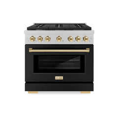 ZLINE Autograph Edition 36 in. 5.2 cu. ft. Paramount Dual Fuel Range with 6 Burner Gas Cooktop and Electric Convection Oven in Satin Stainless Steel with Black Matte Door and Polished Gold Accents