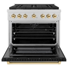 ZLINE Autograph Edition 36 in. 5.2 cu. ft. Paramount Dual Fuel Range with 6 Burner Gas Cooktop and Electric Convection Oven in Satin Stainless Steel with Black Matte Door and Polished Gold Accents