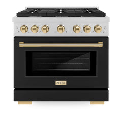 ZLINE Autograph Edition 36 in. 5.2 cu. ft. Paramount Dual Fuel Range with 6 Burner Gas Cooktop and Electric Convection Oven in Satin Stainless Steel with Black Matte Door and Polished Gold Accents