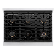ZLINE Autograph Edition 36 in. 5.2 cu. ft. Paramount Dual Fuel Range with 6 Burner Gas Cooktop and Electric Convection Oven in Satin Stainless Steel with Black Matte Door and Polished Gold Accents