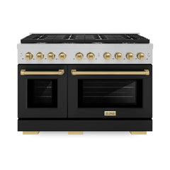 ZLINE Autograph Edition 48 in. 6.7 cu. ft. Paramount Double Oven Dual Fuel Range with 8 Burner Gas Cooktop in Satin Stainless Steel with Black Matte Doors and Champagne Bronze Accents