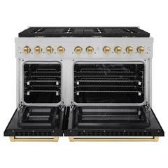 ZLINE Autograph Edition 48 in. 6.7 cu. ft. Paramount Double Oven Dual Fuel Range with 8 Burner Gas Cooktop in Satin Stainless Steel with Black Matte Doors and Champagne Bronze Accents
