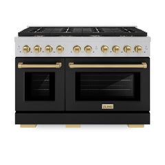 ZLINE Autograph Edition 48 in. 6.7 cu. ft. Paramount Double Oven Dual Fuel Range with 8 Burner Gas Cooktop in Satin Stainless Steel with Black Matte Doors and Champagne Bronze Accents