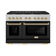 ZLINE Autograph Edition 48 in. 6.7 cu. ft. Paramount Double Oven Dual Fuel Range with 8 Burner Gas Cooktop in Satin Stainless Steel with Black Matte Doors and Polished Gold Accents