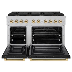 ZLINE Autograph Edition 48 in. 6.7 cu. ft. Paramount Double Oven Dual Fuel Range with 8 Burner Gas Cooktop in Satin Stainless Steel with Black Matte Doors and Polished Gold Accents