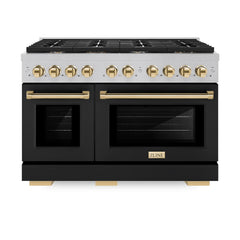 ZLINE Autograph Edition 48 in. 6.7 cu. ft. Paramount Double Oven Dual Fuel Range with 8 Burner Gas Cooktop in Satin Stainless Steel with Black Matte Doors and Polished Gold Accents
