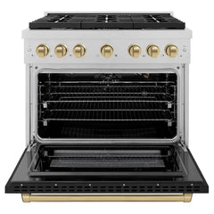 ZLINE Autograph Edition 36 in. 5.2 cu. ft. Paramount Gas Range with 6 Burner Cooktop and Convection Gas Oven in Satin Stainless Steel with Black Matte Door and Champagne Bronze Accents - SGRSZ-BLM-36-CB - The Home Selection