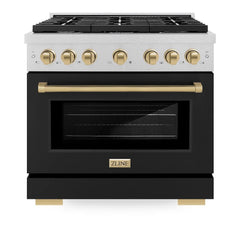 ZLINE Autograph Edition 36 in. 5.2 cu. ft. Paramount Gas Range with 6 Burner Cooktop and Convection Gas Oven in Satin Stainless Steel with Black Matte Door and Champagne Bronze Accents - SGRSZ-BLM-36-CB - The Home Selection