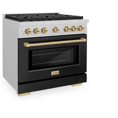 ZLINE Autograph Edition 36 in. 5.2 cu. ft. Paramount Gas Range with 6 Burner Cooktop and Convection Gas Oven in Satin Stainless Steel with Black Matte Door and Champagne Bronze Accents - SGRSZ-BLM-36-CB - The Home Selection
