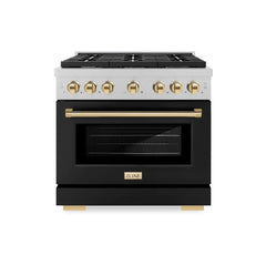 ZLINE Autograph Edition 36 in. 5.2 cu. ft. Paramount Gas Range with 6 Burner Cooktop and Convection Gas Oven in Satin Stainless Steel with Black Matte Door and Polished Gold Accents - SGRSZ-BLM-36-G - The Home Selection