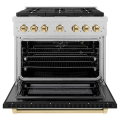 ZLINE Autograph Edition 36 in. 5.2 cu. ft. Paramount Gas Range with 6 Burner Cooktop and Convection Gas Oven in Satin Stainless Steel with Black Matte Door and Polished Gold Accents - SGRSZ-BLM-36-G - The Home Selection