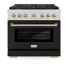 ZLINE Autograph Edition 36 in. 5.2 cu. ft. Paramount Gas Range with 6 Burner Cooktop and Convection Gas Oven in Satin Stainless Steel with Black Matte Door and Polished Gold Accents - SGRSZ-BLM-36-G - The Home Selection