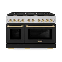 ZLINE Autograph Edition 48 in. 6.7 cu. ft. Paramount Double Oven Gas Range with 8 Burner Cooktop in Satin Stainless Steel with Black Matte Doors and Champagne Bronze Accents - SGRSZ-BLM-48-CB - The Home Selection