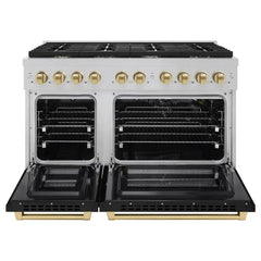 ZLINE Autograph Edition 48 in. 6.7 cu. ft. Paramount Double Oven Gas Range with 8 Burner Cooktop in Satin Stainless Steel with Black Matte Doors and Champagne Bronze Accents - SGRSZ-BLM-48-CB - The Home Selection