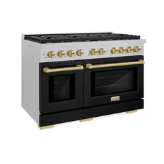ZLINE Autograph Edition 48 in. 6.7 cu. ft. Paramount Double Oven Gas Range with 8 Burner Cooktop in Satin Stainless Steel with Black Matte Doors and Champagne Bronze Accents - SGRSZ-BLM-48-CB - The Home Selection