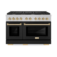 ZLINE Autograph Edition 48 in. 6.7 cu. ft. Paramount Double Oven Gas Range with 8 Burner Cooktop in Satin Stainless Steel with Black Matte Doors and Polished Gold Accents - SGRSZ-BLM-48-G - The Home Selection