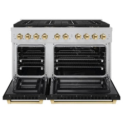 ZLINE Autograph Edition 48 in. 6.7 cu. ft. Paramount Double Oven Gas Range with 8 Burner Cooktop in Satin Stainless Steel with Black Matte Doors and Polished Gold Accents - SGRSZ-BLM-48-G - The Home Selection