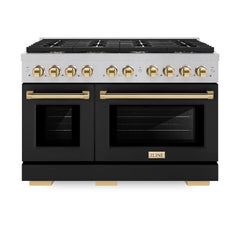ZLINE Autograph Edition 48 in. 6.7 cu. ft. Paramount Double Oven Gas Range with 8 Burner Cooktop in Satin Stainless Steel with Black Matte Doors and Polished Gold Accents - SGRSZ-BLM-48-G - The Home Selection