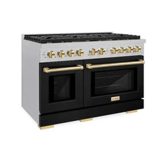 ZLINE Autograph Edition 48 in. 6.7 cu. ft. Paramount Double Oven Gas Range with 8 Burner Cooktop in Satin Stainless Steel with Black Matte Doors and Polished Gold Accents - SGRSZ-BLM-48-G - The Home Selection