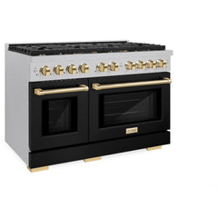 ZLINE Autograph Edition 48 in. 6.7 cu. ft. Paramount Double Oven Gas Range with 8 Burner Cooktop in Satin Stainless Steel with Black Matte Doors and Polished Gold Accents - SGRSZ-BLM-48-G - The Home Selection