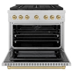 ZLINE Autograph Edition 36 in. 5.2 cu. ft. Paramount Dual Fuel Range with 6 Burner Gas Cooktop and Electric Convection Oven in Satin Stainless Steel with Champagne Bronze Accents - SDRSZ-36-CB - The Home Selection
