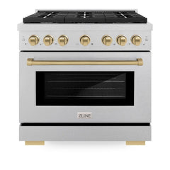 ZLINE Autograph Edition 36 in. 5.2 cu. ft. Paramount Dual Fuel Range with 6 Burner Gas Cooktop and Electric Convection Oven in Satin Stainless Steel with Champagne Bronze Accents - SDRSZ-36-CB - The Home Selection