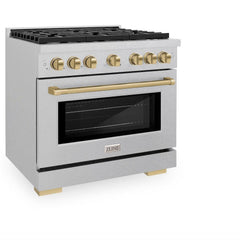ZLINE Autograph Edition 36 in. 5.2 cu. ft. Paramount Dual Fuel Range with 6 Burner Gas Cooktop and Electric Convection Oven in Satin Stainless Steel with Champagne Bronze Accents - SDRSZ-36-CB - The Home Selection