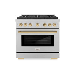 ZLINE Autograph Edition 36 in. 5.2 cu. ft. Paramount Dual Fuel Range with 6 Burner Gas Cooktop and Electric Convection Oven in Satin Stainless Steel with Polished Gold Accents - SDRSZ-36-G - The Home Selection