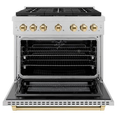 ZLINE Autograph Edition 36 in. 5.2 cu. ft. Paramount Dual Fuel Range with 6 Burner Gas Cooktop and Electric Convection Oven in Satin Stainless Steel with Polished Gold Accents - SDRSZ-36-G - The Home Selection