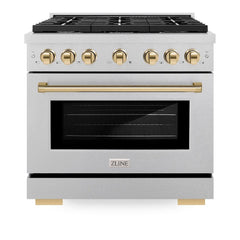ZLINE Autograph Edition 36 in. 5.2 cu. ft. Paramount Dual Fuel Range with 6 Burner Gas Cooktop and Electric Convection Oven in Satin Stainless Steel with Polished Gold Accents - SDRSZ-36-G - The Home Selection