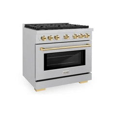 ZLINE Autograph Edition 36 in. 5.2 cu. ft. Paramount Dual Fuel Range with 6 Burner Gas Cooktop and Electric Convection Oven in Satin Stainless Steel with Polished Gold Accents - SDRSZ-36-G - The Home Selection