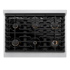 ZLINE Autograph Edition 36 in. 5.2 cu. ft. Paramount Dual Fuel Range with 6 Burner Gas Cooktop and Electric Convection Oven in Satin Stainless Steel with Polished Gold Accents - SDRSZ-36-G - The Home Selection