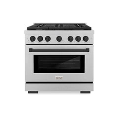 ZLINE Autograph Edition 36 in. 5.2 cu. ft. Paramount Dual Fuel Range with 6 Burner Gas Cooktop and Electric Convection Oven in Satin Stainless Steel with Matte Black Accents - SDRSZ-36-MB - The Home Selection