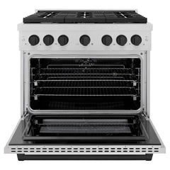 ZLINE Autograph Edition 36 in. 5.2 cu. ft. Paramount Dual Fuel Range with 6 Burner Gas Cooktop and Electric Convection Oven in Satin Stainless Steel with Matte Black Accents - SDRSZ-36-MB - The Home Selection