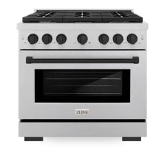 ZLINE Autograph Edition 36 in. 5.2 cu. ft. Paramount Dual Fuel Range with 6 Burner Gas Cooktop and Electric Convection Oven in Satin Stainless Steel with Matte Black Accents - SDRSZ-36-MB - The Home Selection