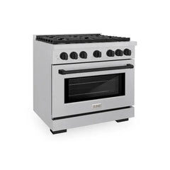 ZLINE Autograph Edition 36 in. 5.2 cu. ft. Paramount Dual Fuel Range with 6 Burner Gas Cooktop and Electric Convection Oven in Satin Stainless Steel with Matte Black Accents - SDRSZ-36-MB - The Home Selection