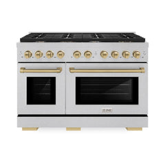 ZLINE Autograph Edition 48 in. 6.7 cu. ft. Paramount Double Oven Dual Fuel Range with 8 Burner Gas Cooktop in Satin Stainless Steel and Champagne Bronze Accents - SDRSZ-48-CB - The Home Selection