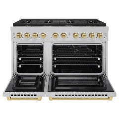 ZLINE Autograph Edition 48 in. 6.7 cu. ft. Paramount Double Oven Dual Fuel Range with 8 Burner Gas Cooktop in Satin Stainless Steel and Champagne Bronze Accents - SDRSZ-48-CB - The Home Selection